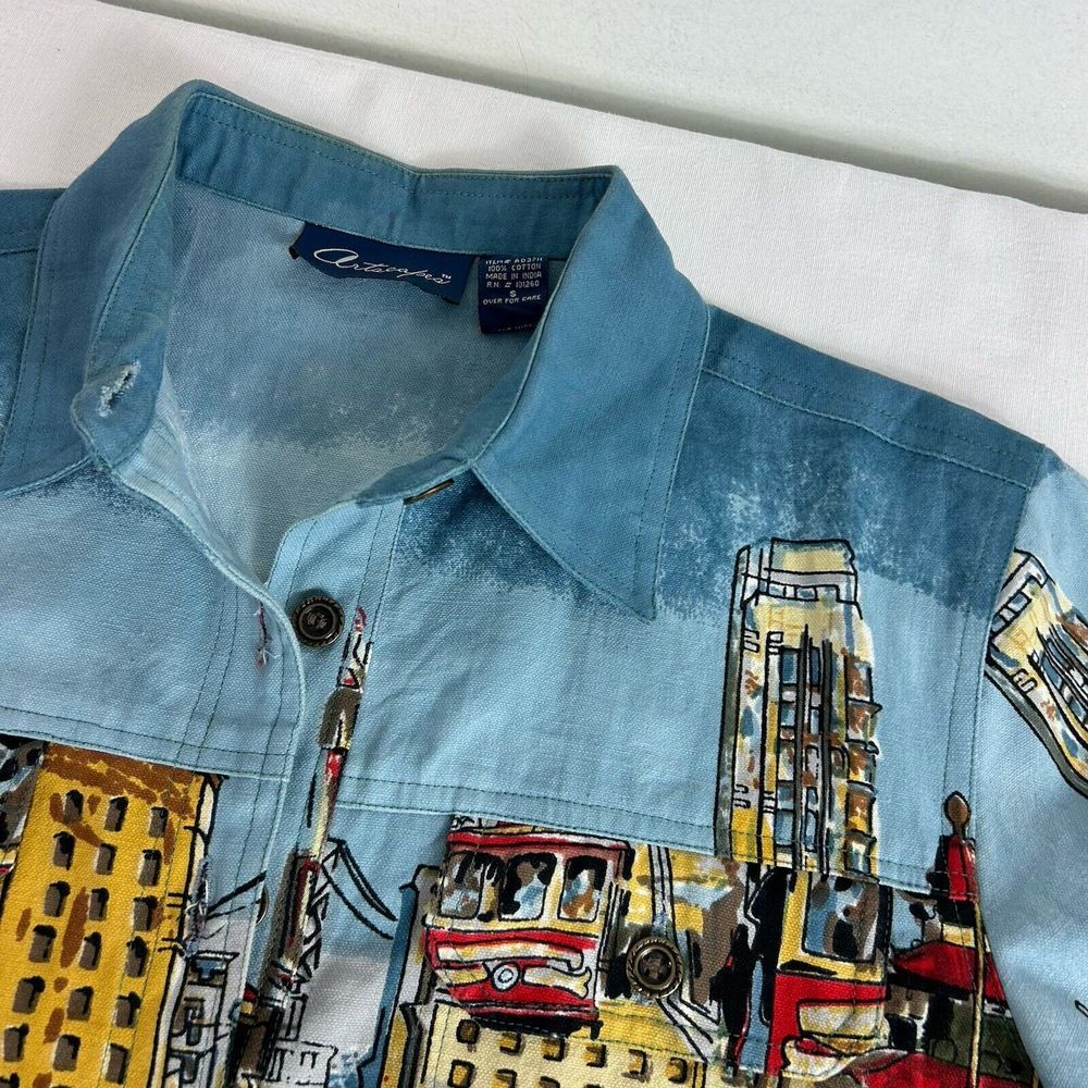 Artscapes Light‎ Denim Jean Jacket San Francisco All-Over Print Size Small EUC - Picture 11 of 11